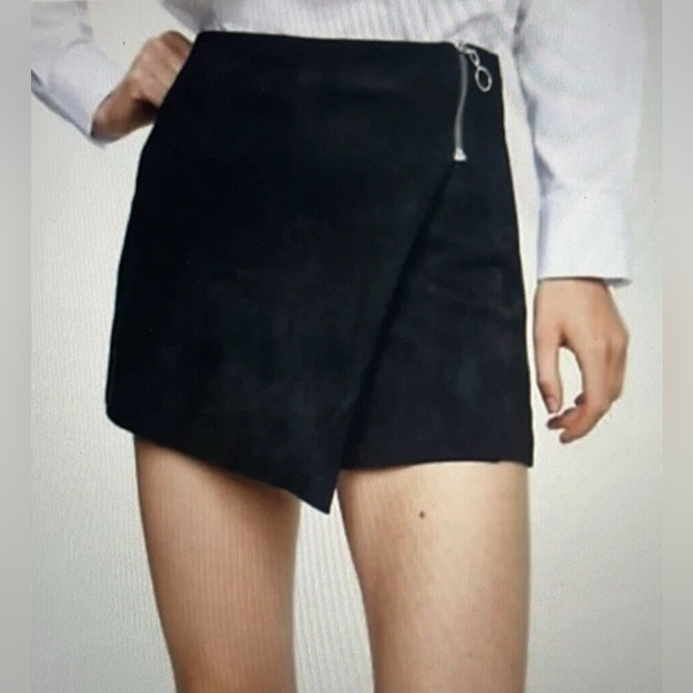 Zara Basic Black Vegan Stretch Suede Wrap Front Skort